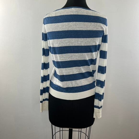 THEORY Blue White Stripe Linen Blend Long Sleeve Round Neck Pullover Sweater S - Picture 6 of 9